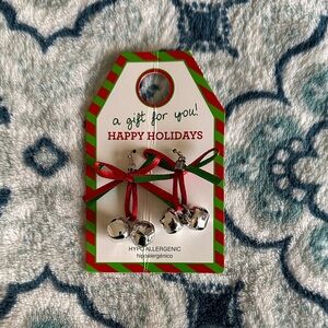 Festive Silver Jingle Bell Earrings with Red and Green Ribbons